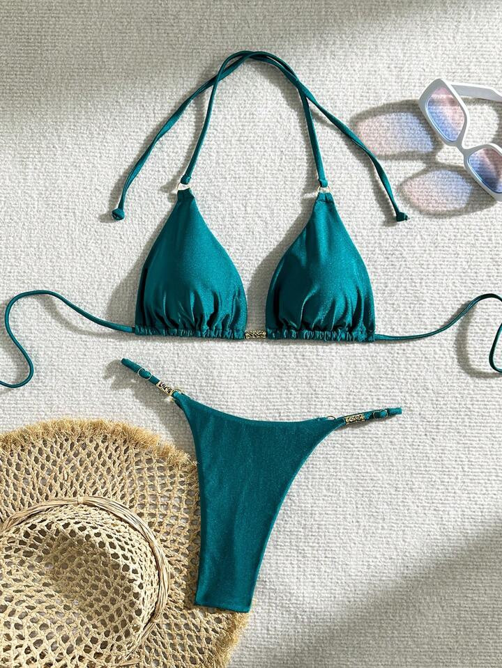 SHEIN Swim Women Summer Beach Plain Halter Triangle Bikini Set, Swimwear | SHEIN