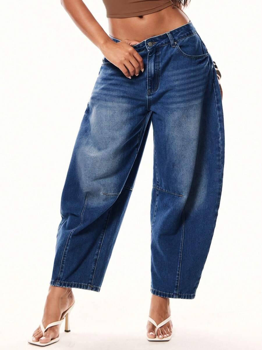 Denimoi Barrel Leg Washed Denim Jeans Fashionable Denim Fall & Winter Denim On Denim | SHEIN