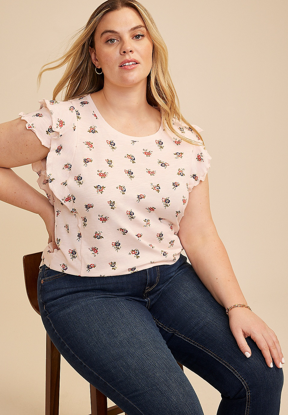 Plus Size 24/7 Floral Double Flutter Sleeve Tee | Maurices