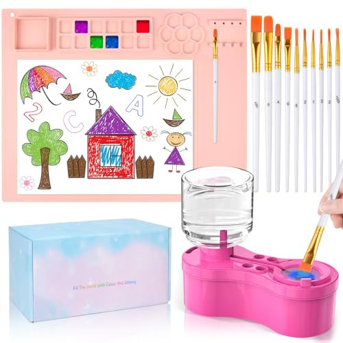 Painting Station, Silicone Painting Mat and Paint Brush Cleaner, 20"X16" Silicone Art Mat with 10 Paint Brushes, Paint Brush Rinser, Art Painting Supplies Set (Pink) | Amazon (US)