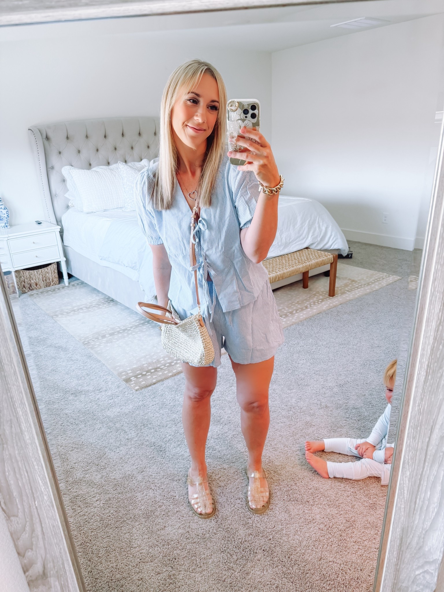 The cutest blue gingham Amazon tie front shorts set! Love the gold sparkly glitter jelly sandals paired with it from Target and the Little Woven tote by Stoney Clover Lane! Perfect summer outfit

#LTKShoeCrush #LTKSeasonal #LTKOver40