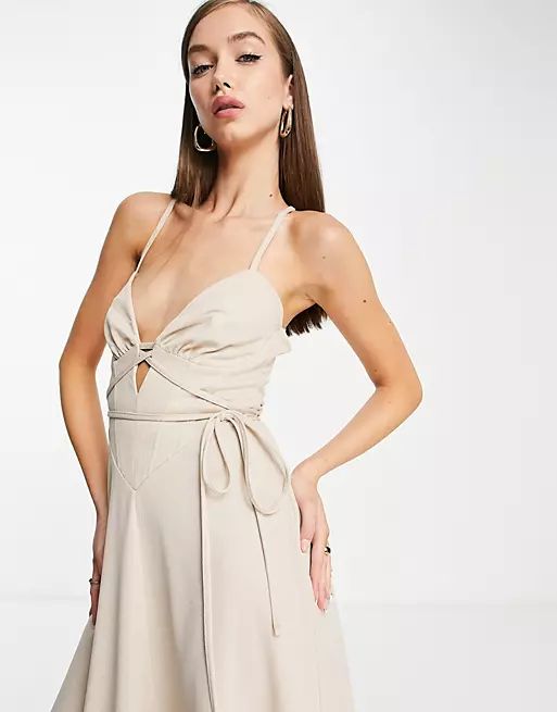 ASOS DESIGN strappy cupped skater midi dress in natural stone | ASOS (Global)