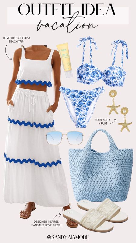 Chic vacation outfit | vacation look | blue and white beach style | Amazon two piece beach set | Amazon swim coverup | blue floral bikini | Amazon finds | Amazon beach trip | Amazon blue woven tote | gold shell earrings | blue aviator sunglasses | resort wear | affordable resort wear | trendy resort style 

#LTKswim #LTKstyletip #LTKSeasonal