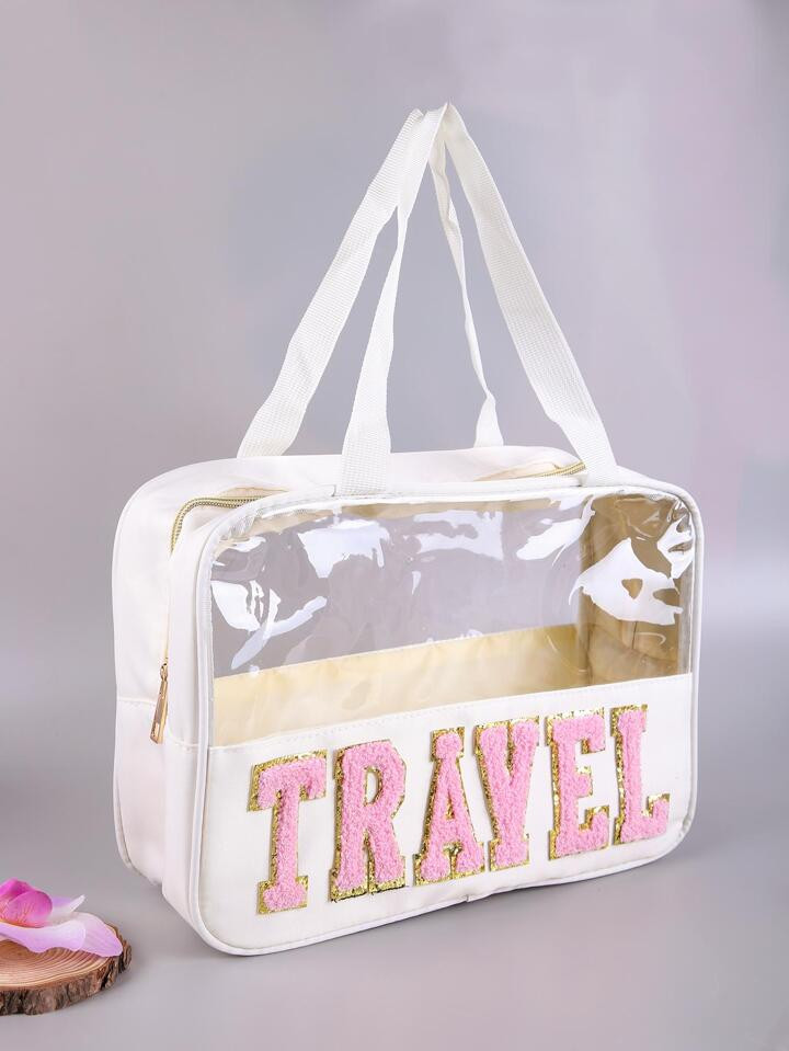 1Pc Waterproof Transparent Pu Cosmetic Bag With Embroidered Letters And Large Capacity, Perfect F... | SHEIN