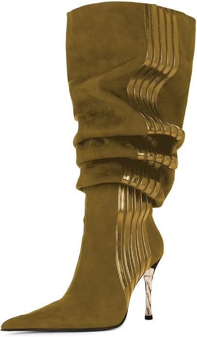 Zszszsu Women's Pointed Toe Mid Calf Boots Spcecial Stiletto High Heels Elegant Slouch Wide Calf ... | Amazon (US)