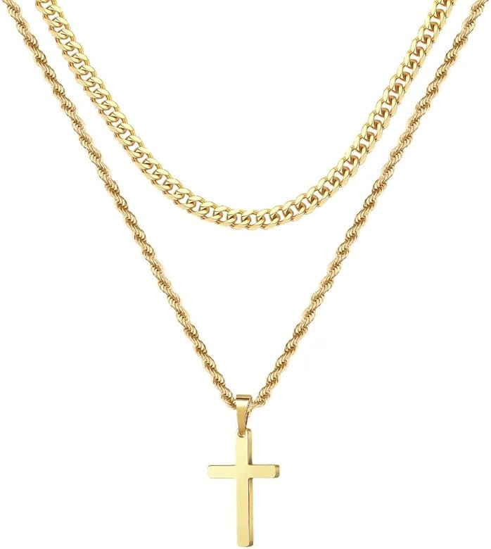 Ursteel Layered Cross Necklace for Men - 18K Gold Silver Black Stainless Steel Mens Cross Necklac... | Amazon (US)