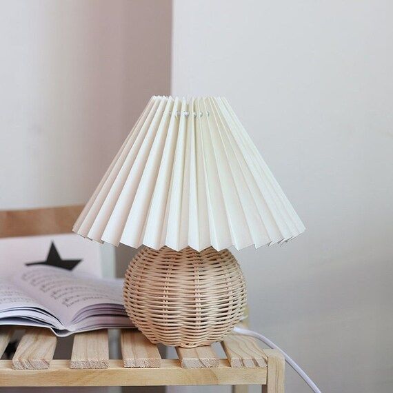 Handmade Rattan Bedside Lamp, Pleated Shade, Wicker Table Lamp, Pleated Lamp, Rattan Base Decor, ... | Etsy (US)