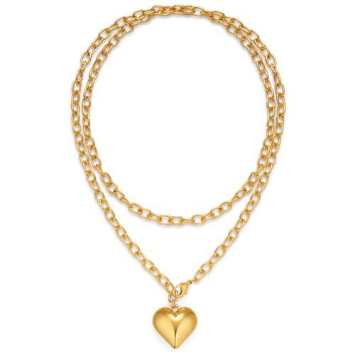 FAUTHENTICUTE Gold Heart Layered Necklace For Women 36” Long Chain Necklace With A Puffy Heart Pendant Gold Long Necklaces | Amazon (US)