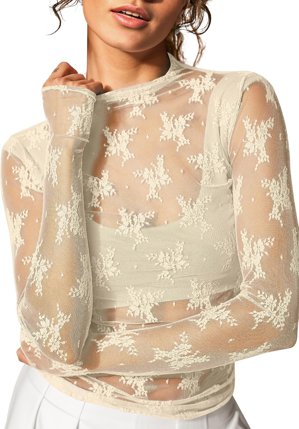Womens Mesh Long Sleeve Top Sheer Blouse Sexy See Through Tee Shirt Lace Tops S-XXL | Amazon (US)