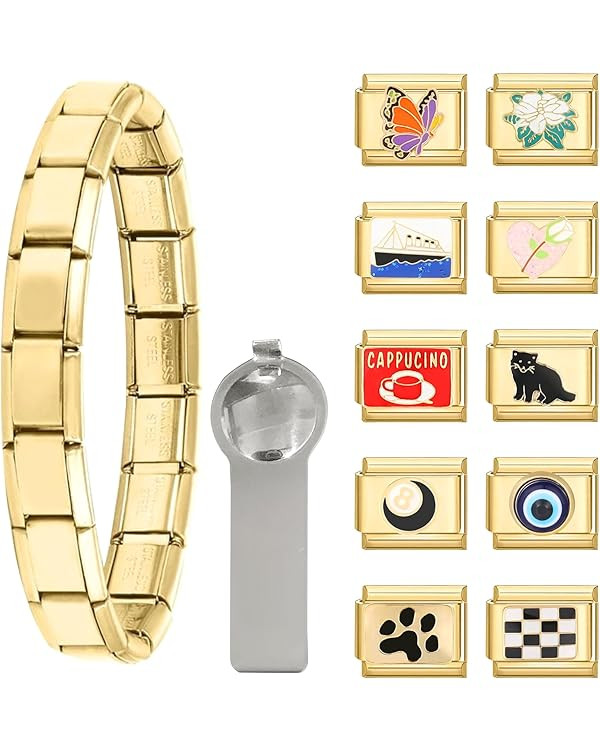papasgix Italian Charm Bracelet Gold Silver Set with Starter Brascelet, Assorted Charms and Openi... | Amazon (US)