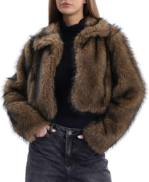 Amazhiyu Women's Faux Fur Cropped Coat Winter Open-front Long Sleeve Jackets Warm | Amazon (US)