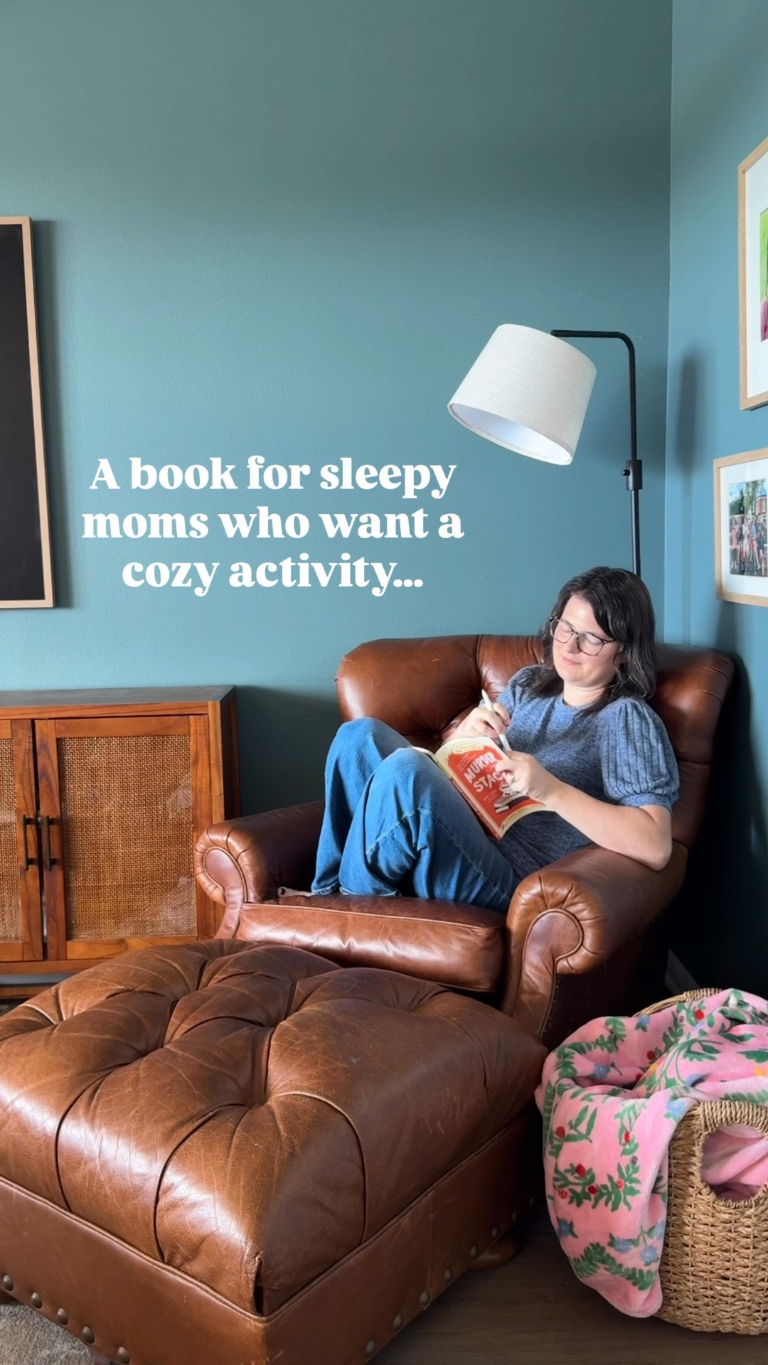 Cozy mystery novels with word search puzzles on every page. Chair is vintage thrifted. Linked look-a-like leather chairs.