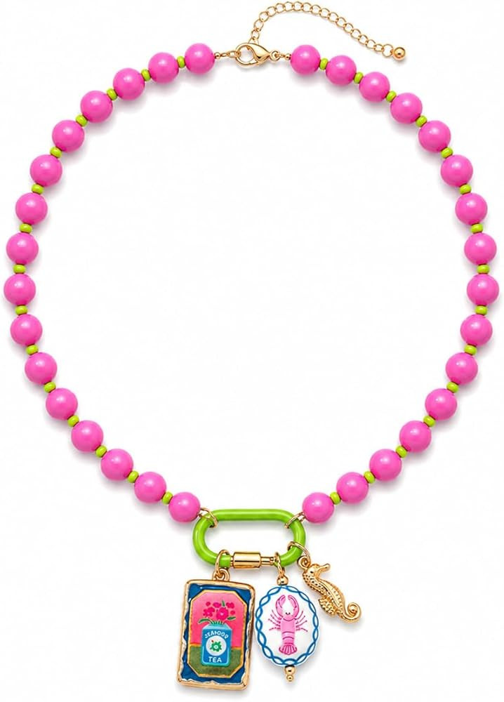 Colorful Beaded Necklace with Ocean Charms For Women, Boho Chunky Puffy Heart Starfish Shell Fish... | Amazon (US)