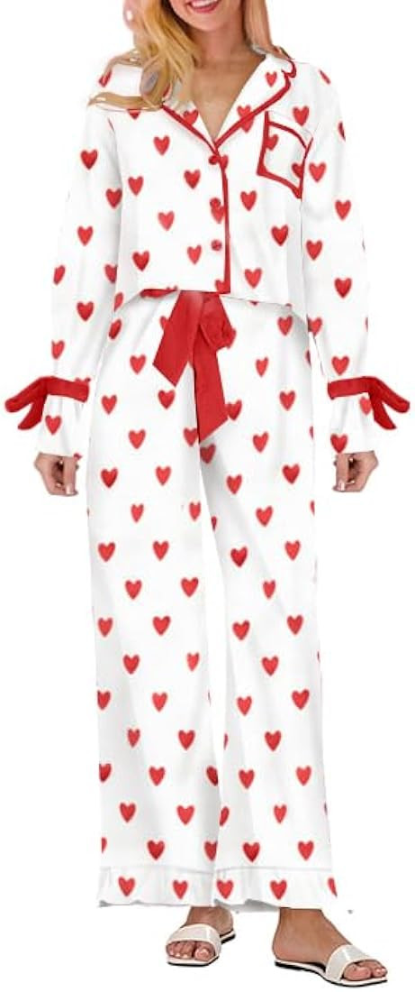 Womens Satin Silk Bow Tie Pajamas Cute Holiday Pjs Set Y2k Ribbon Sleeve Pajama Shirt Ruffle Pant... | Amazon (US)