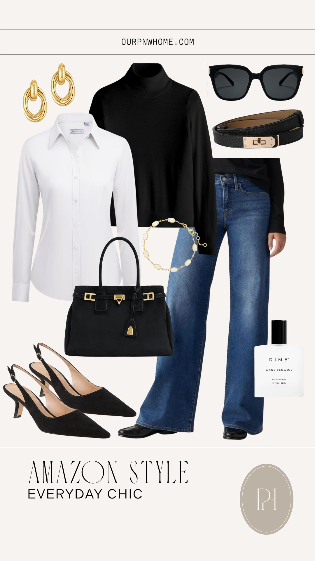 Chic and classic style finds from Amazon!

wide leg jeans. wide leg denim, dark wash jeans, baggy jeans, flared jeans, gold earrings, black sunglasses, black belt, women's fragrance, perfume, black kitten heels, slingback heels, white  button down shirt, button up shirt, black turtleneck sweater, bracelet, accessories, black handbag, black purse, classic fashion, winter fashion, winter style, winter look, winter outfit, office look, office outfit 

 #LTKgrwm #LTKootd #LTKWorkwear
