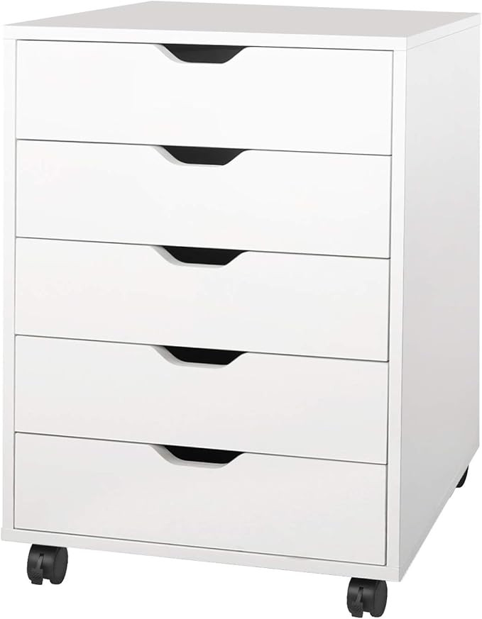 DEVAISE 5-Drawer Chest, Wood Storage Dresser Cabinet with Wheels, White | Amazon (US)
