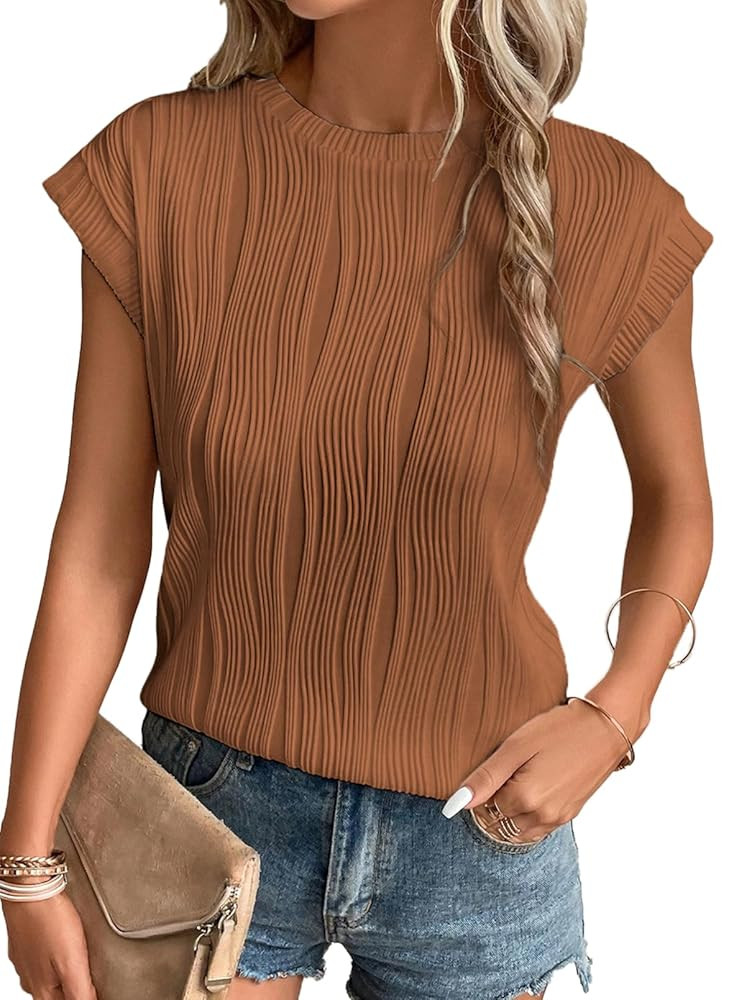 EVALESS Womens Short Sleeve Textured Tops Crewneck Knit Solid Loose Casual Basic T Shirts Tee Blo... | Amazon (US)