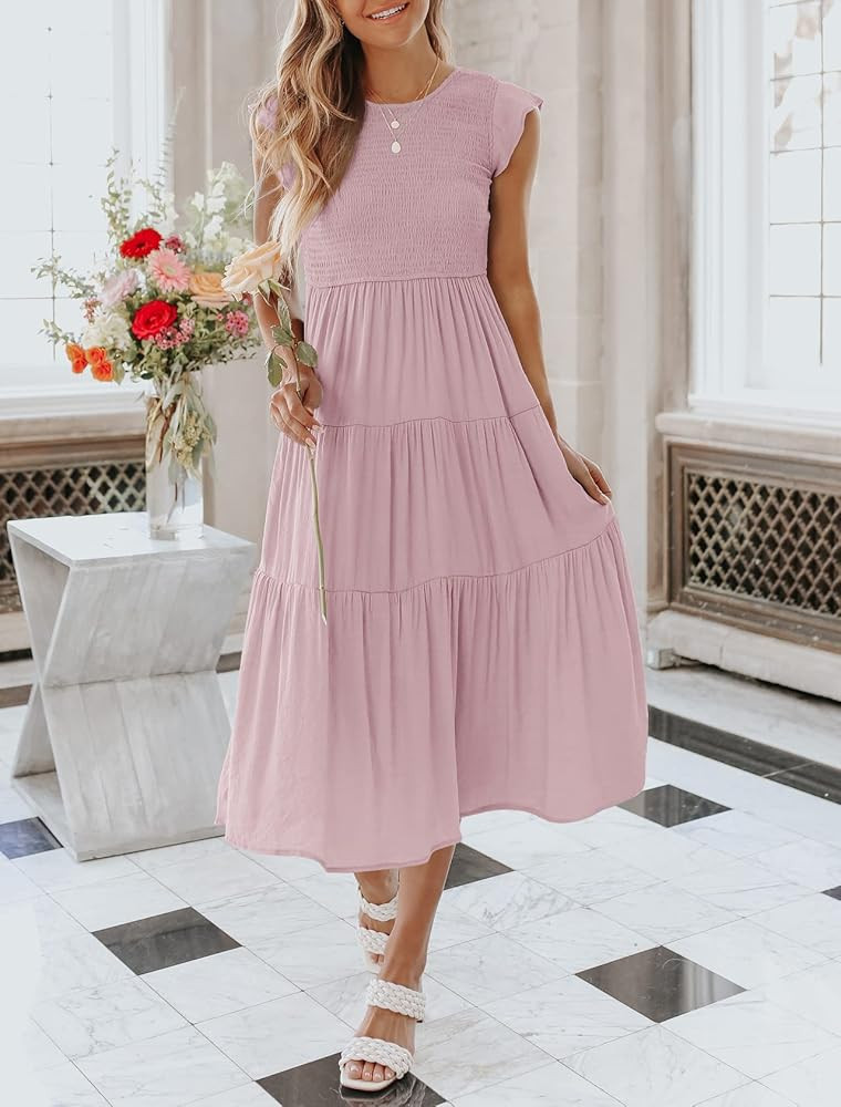 ZESICA Women's Summer Casual Flutter Short Sleeve Crew Neck Smocked Elastic Waist Tiered Midi Dre... | Amazon (US)