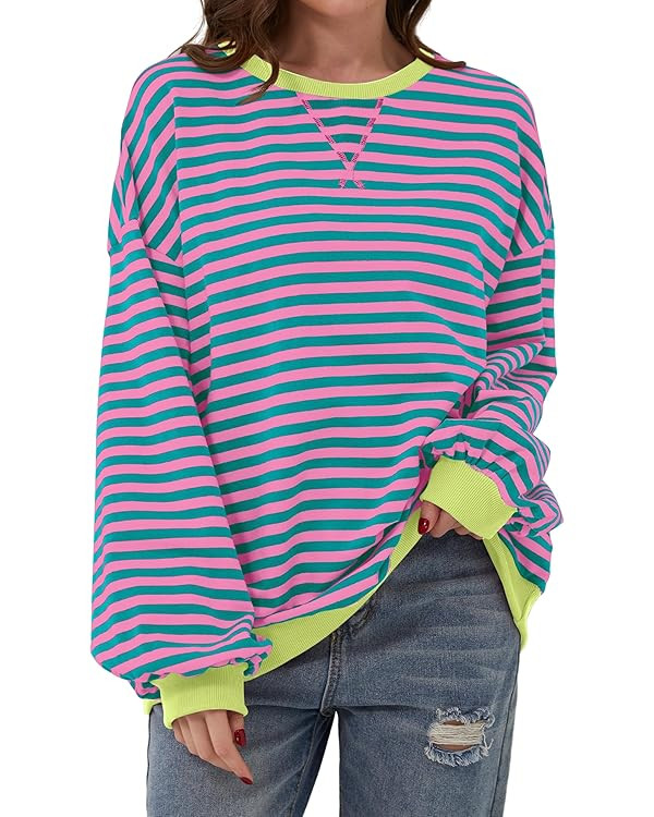 Women Oversized Striped Color Block Long Sleeve Crew Neck Sweatshirt Casual Loose Pullover Y2K Sh... | Amazon (US)