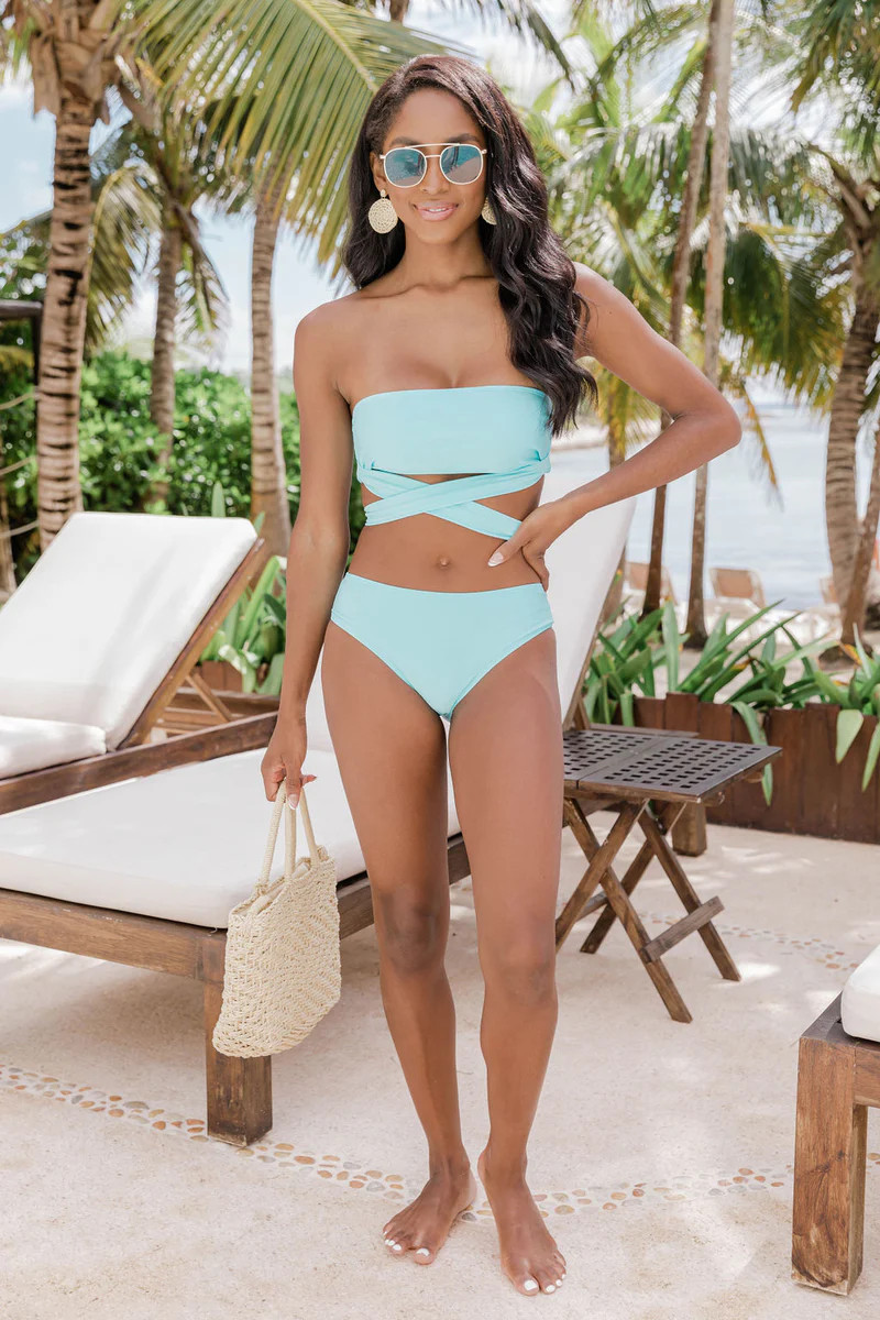 Caught In The Rain Blue Mid Rise Bikini Bottoms | The Pink Lily Boutique