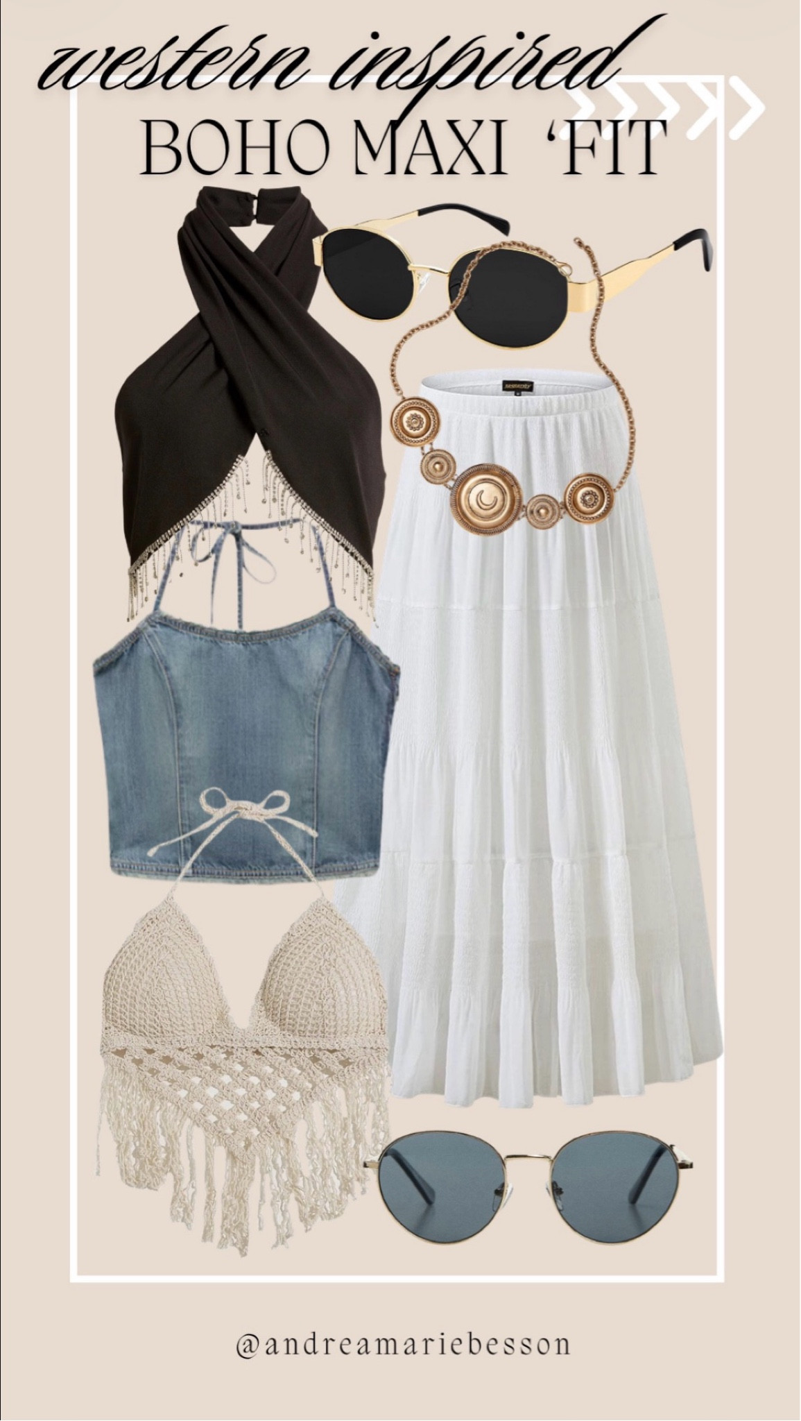 A dreamy western-inspired boho maxi outfit with all the effortless summer vibes 🤎 Featuring a flowy white maxi skirt, denim corset top, crochet fringe bralette, statement belt, oversized sunnies, and layered accessories for the ultimate coastal cowgirl aesthetic. Perfect for country concerts, Nashville trips, beach vacations, summer festivals, and elevated boho style inspiration.

#bohostyle #westernfashion #coastalcowgirl #maxiskirtoutfit #summerstyle #bohochic #festivalfashion #cowgirlstyle #westerninspired #bohooutfit #countryconcertoutfit #neutralstyle #amazonfashion #ootdinspo #fashioninspo