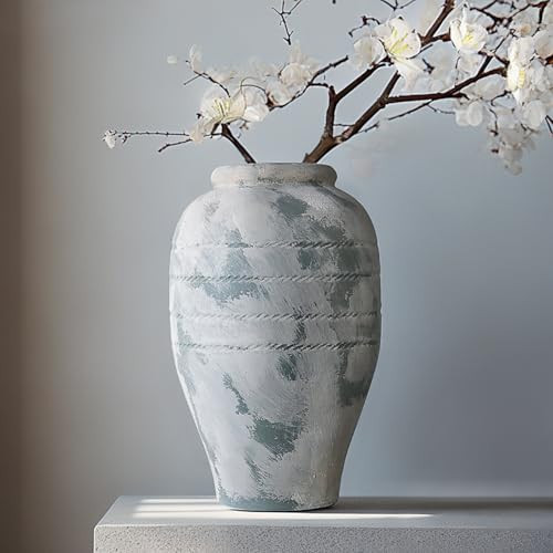 LIZOFER Antique Ceramic Flower Vase for Living Room Bedroom 9.06'' Farmhouse Decor for Bouquet Fake Plant Home Decor Office Table Shelf Fireplace Centerpieces Rustic Retro Vintage Classic Modern Beige | Amazon (US)