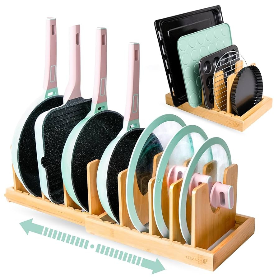 Pots and Pans Organizer under Cabinet, Bamboo Expandable Bakeware and Cutting Board Organizers, A... | Amazon (US)