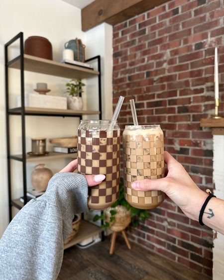 Iced coffee glasses 😍 checkered print for life 👌🏼 Etsy find, come in other colors, too!! 

Etsy find, iced coffee glasses, beer can glasses 

#LTKhome
