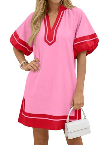 Wenrine Womens Summer Mini Dress Puff Sleeve Casual V Neck Color Block Side Slit Loose Shirt Dresses with Pockets Pink | Amazon (US)