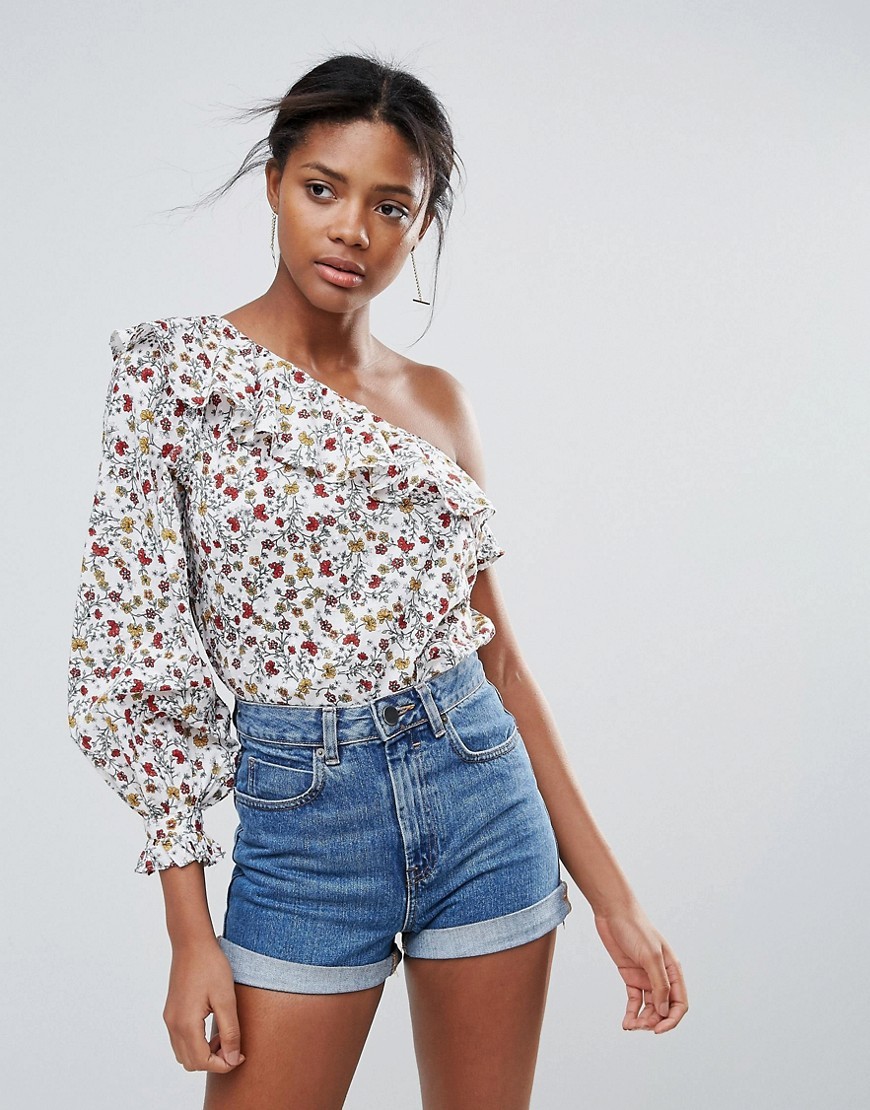 New Look One Shoulder Ditsy Floral Print Top - White | ASOS US