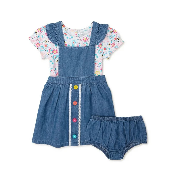 Wonder Nation Baby Girl Pinafore Dress, Short Sleeve T-Shirt and Diaper Cover Outfit Set, 3-Piece... | Walmart (US)