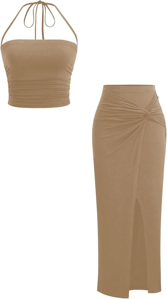 Verdusa Women's 2 Piece Vacation Outfits Ruched Crop Halter Top with Slit Bodycon Long Skirt Goin... | Amazon (US)