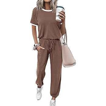 MASCOMODA Womens 2 Piece Outfits 2025 Summer Tracksuit Sets Short Sleeve Tops Travel Long Pants J... | Amazon (US)