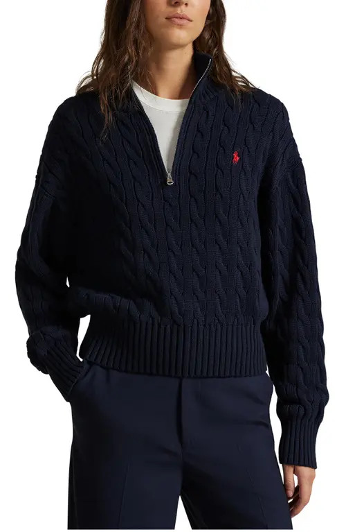 Polo Ralph Lauren Cable Knit Cotton Polo Sweater in Blue at Nordstrom, Size Large | Nordstrom