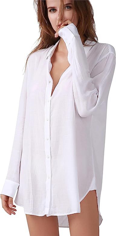 TOUSYEA Sleep Shirts for Women Button Down Shirts Long Sleeve Sleepwear Swimsuit Cover Ups Soft P... | Amazon (US)