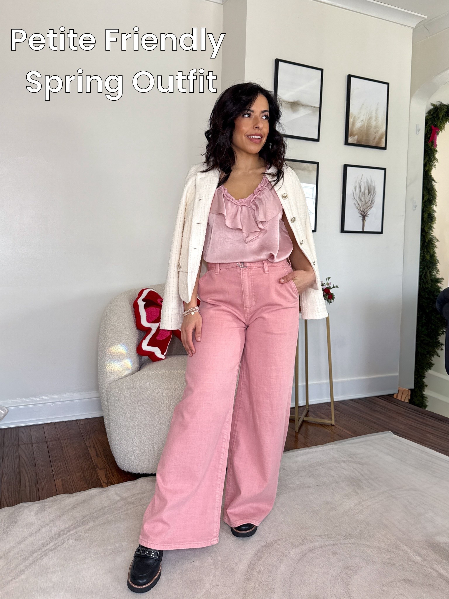 This outfit is perfect for the transition from winter to spring. The wide leg pants are petite in lenght but they also are available in regular sizing. 

The top is a pretty pink ruffle sleeveless style and the collarless jacket is perfect for added warmth! 

#LTKPetite #LTKSeasonal #LTKWorkwear