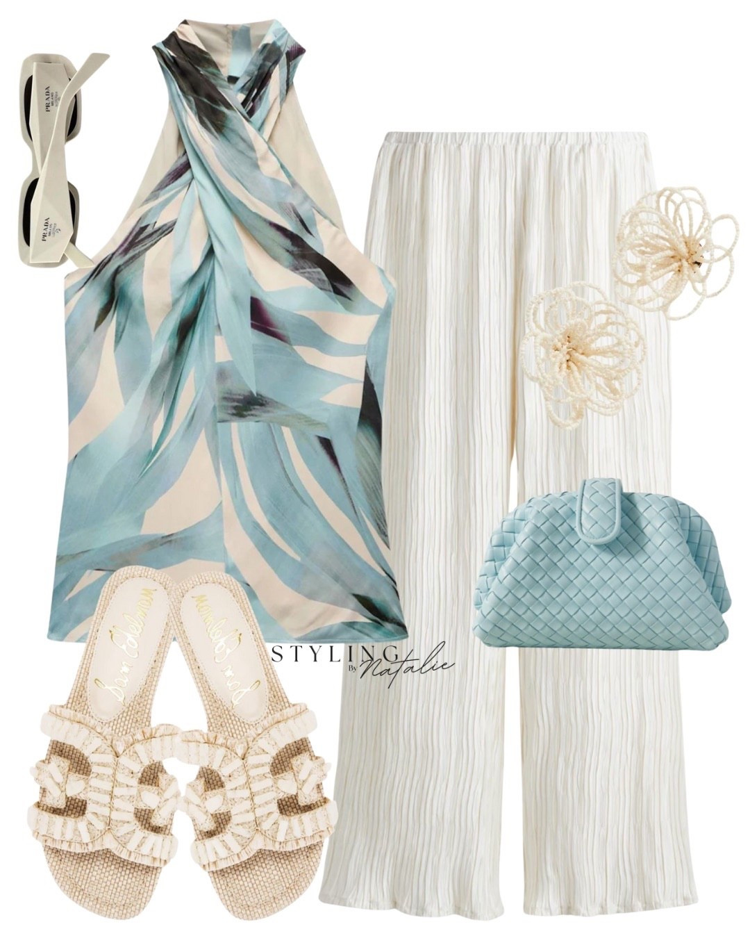 Blue satin palm print halter neck top, textured wide leg pull on trousers, blue clutch, beige sandals and flower beaded earrings. Summer outfit, brunch look, going out, date night, holiday outfits.

#LTKdatenight #LTKsummer #LTKstyletip