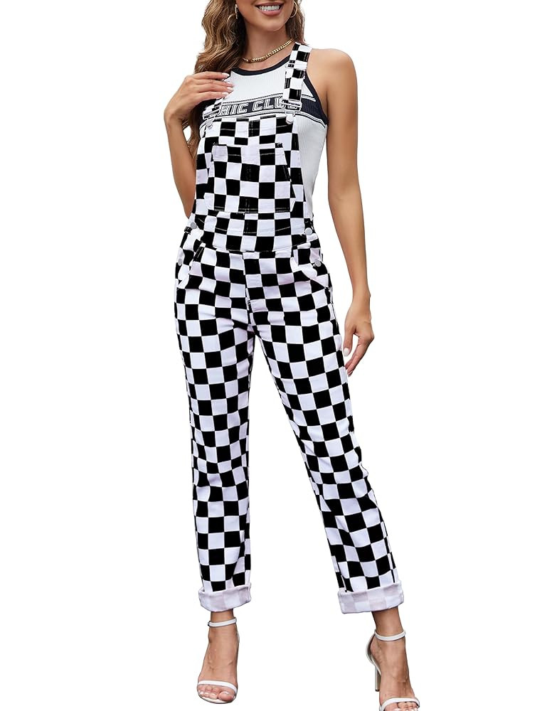 Checkered Pants Womens Overalls Fashion Bib Coveralls Cute Stretch Jeans Jumpsuit | Amazon (US)
