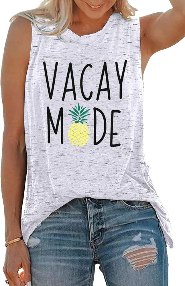 FLOYU Vacay Mode Tank Women Pineapple Graphic Tee Letter Print Tank Tops Summer Sleeveless Tank C... | Amazon (US)