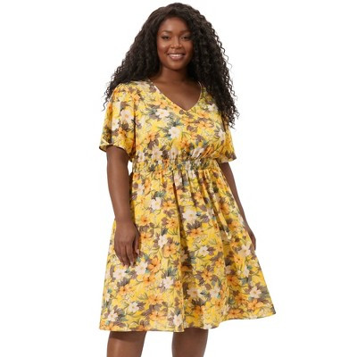 Women's Plus Size Floral Print V Neck Flare Sleeve Smocked Flowy Summer Casual Midi Dress - Agnes Orinda Yellow 4X | Target