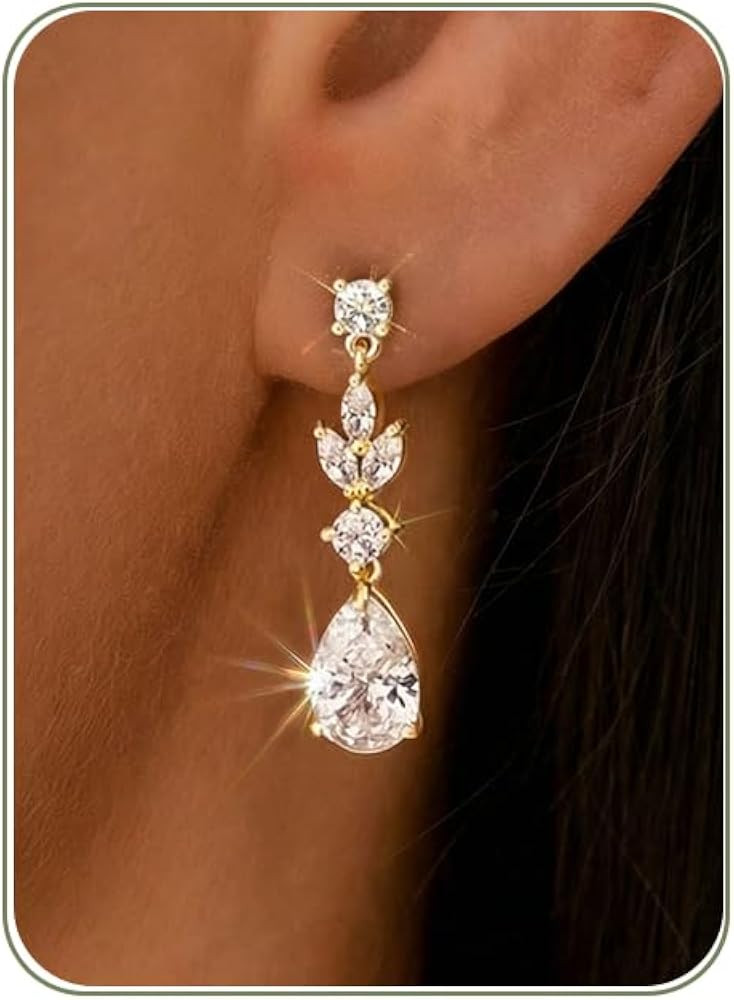 HANLI Dangle Earrings for Women \u2013 14K Gold Plated/Silver Drop Earrings Sparkly CZ Dangle Ear... | Amazon (US)