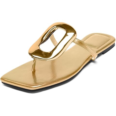 Flip-Flops for Women Thong Sandals Flat Black Slip on Slides Leather Beach Comfort Open Square To... | Amazon (US)