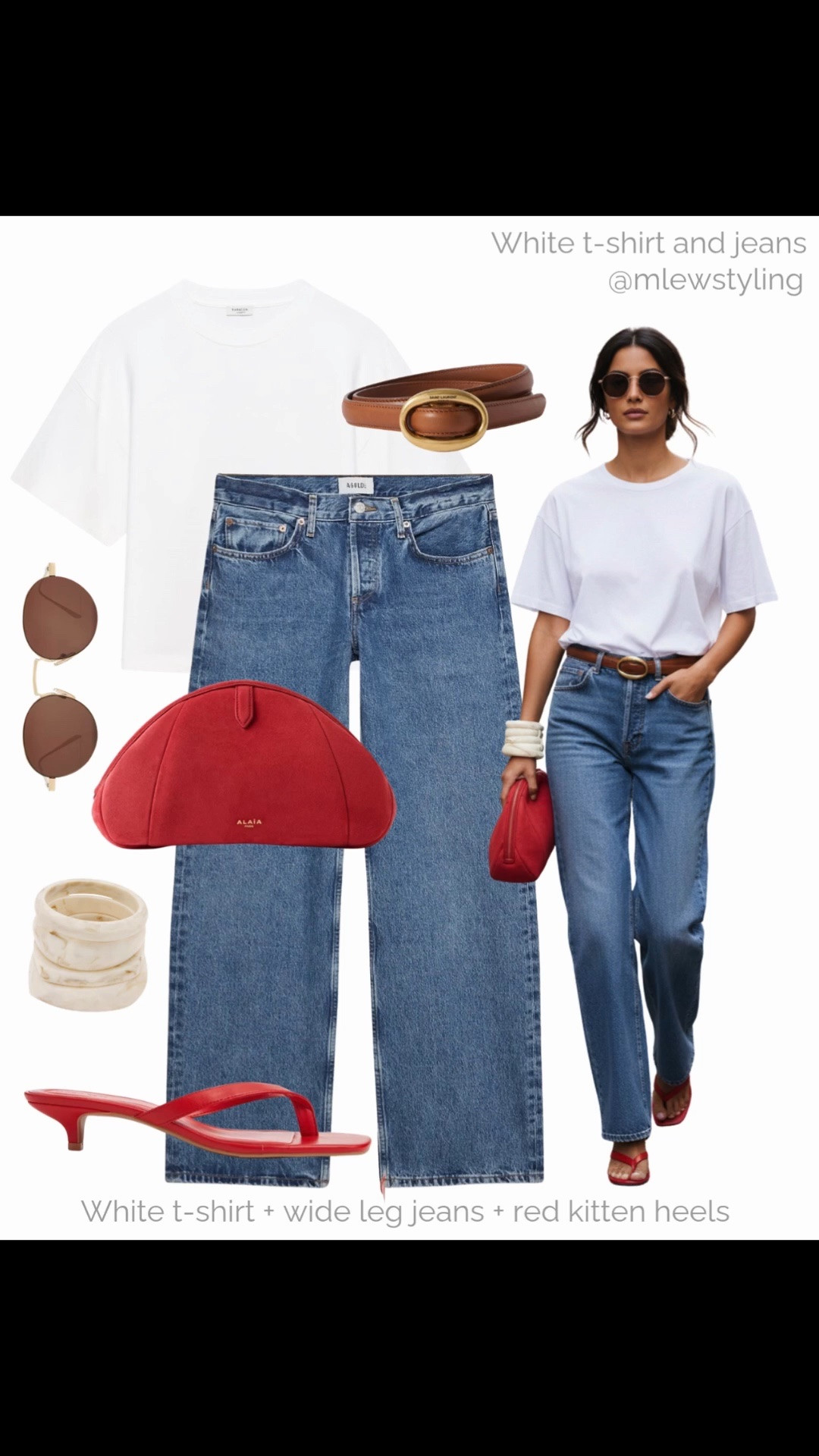 White t-shirt & jeans ❤️‍🔥

Tags: summer outfit formula, capsule wardrobe, agolde wide leg jeans, red kitten heel sandals, stacked bracelets, alaia red clutch bag, brown leather belt

#LTKjeans #LTKsummer #LTKshoes
