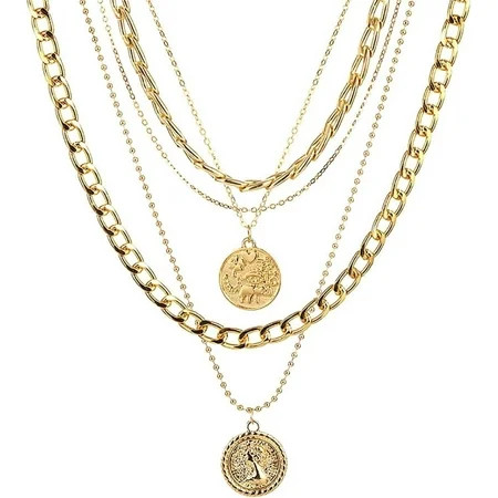 Layered Gold Pirate Necklace for Women, Chunky Chain Coin Pendant Necklace, 80s 90s Vintage Pirate Costume Jewelry Accessories | Walmart (US)