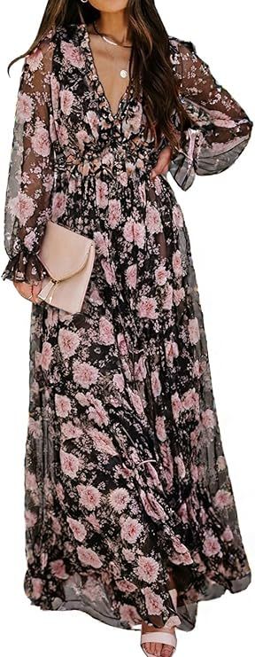 BLENCOT Womens Casual Floral Deep V Neck Long Sleeve Long Evening Dress Cocktail Party Maxi Weddi... | Amazon (US)