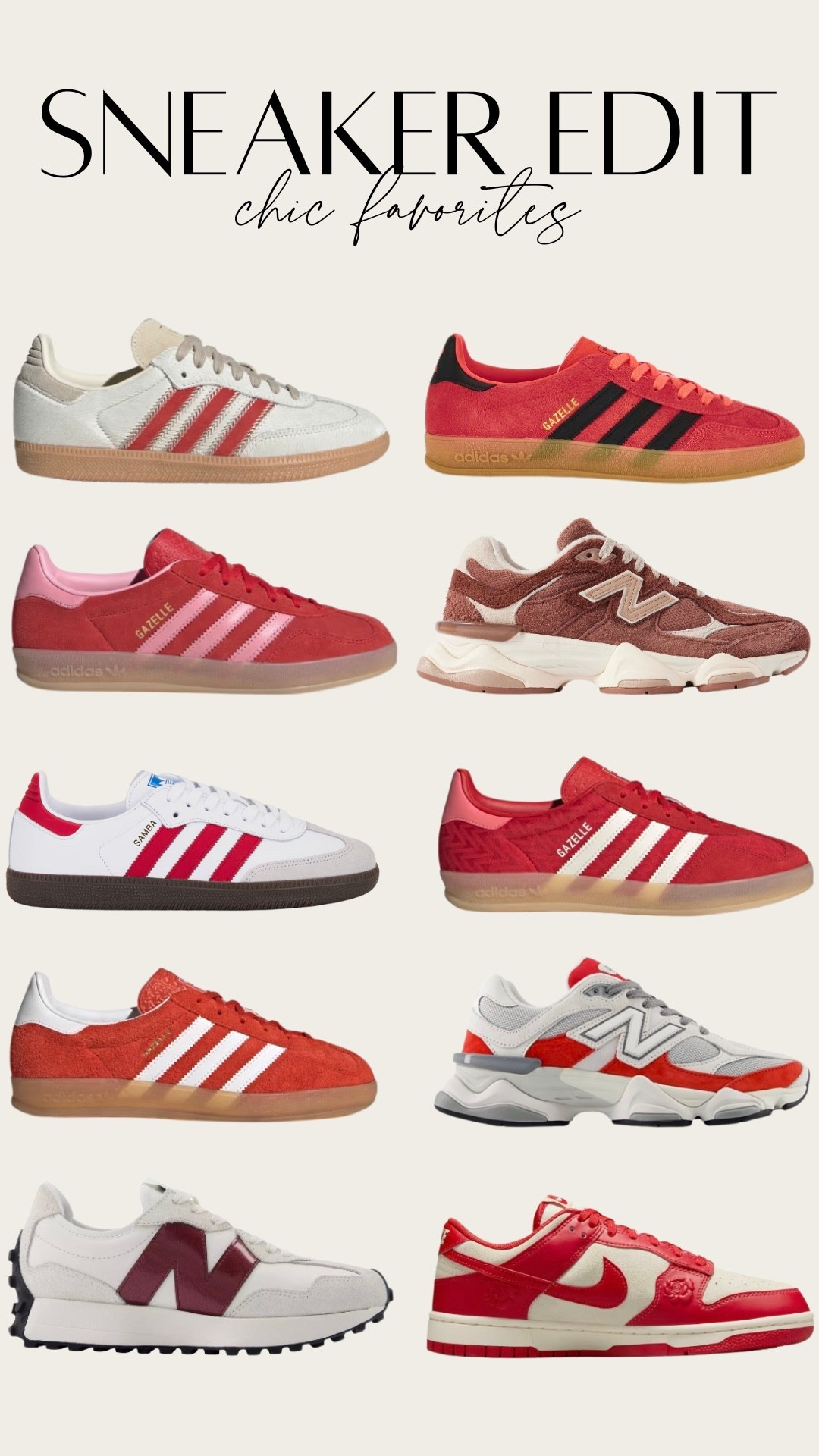February sneaker edit! Red shoes perfect for Valentine’s Day. Adidas gazelle, adidas samba, new balance 9060