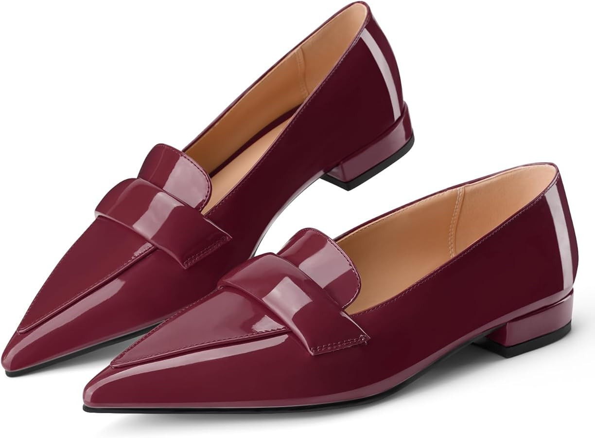 Pointed Toe Flats for Women Black Patent Leather Pointy Loafers Slip On Pumps Comfortable Elegant... | Amazon (US)