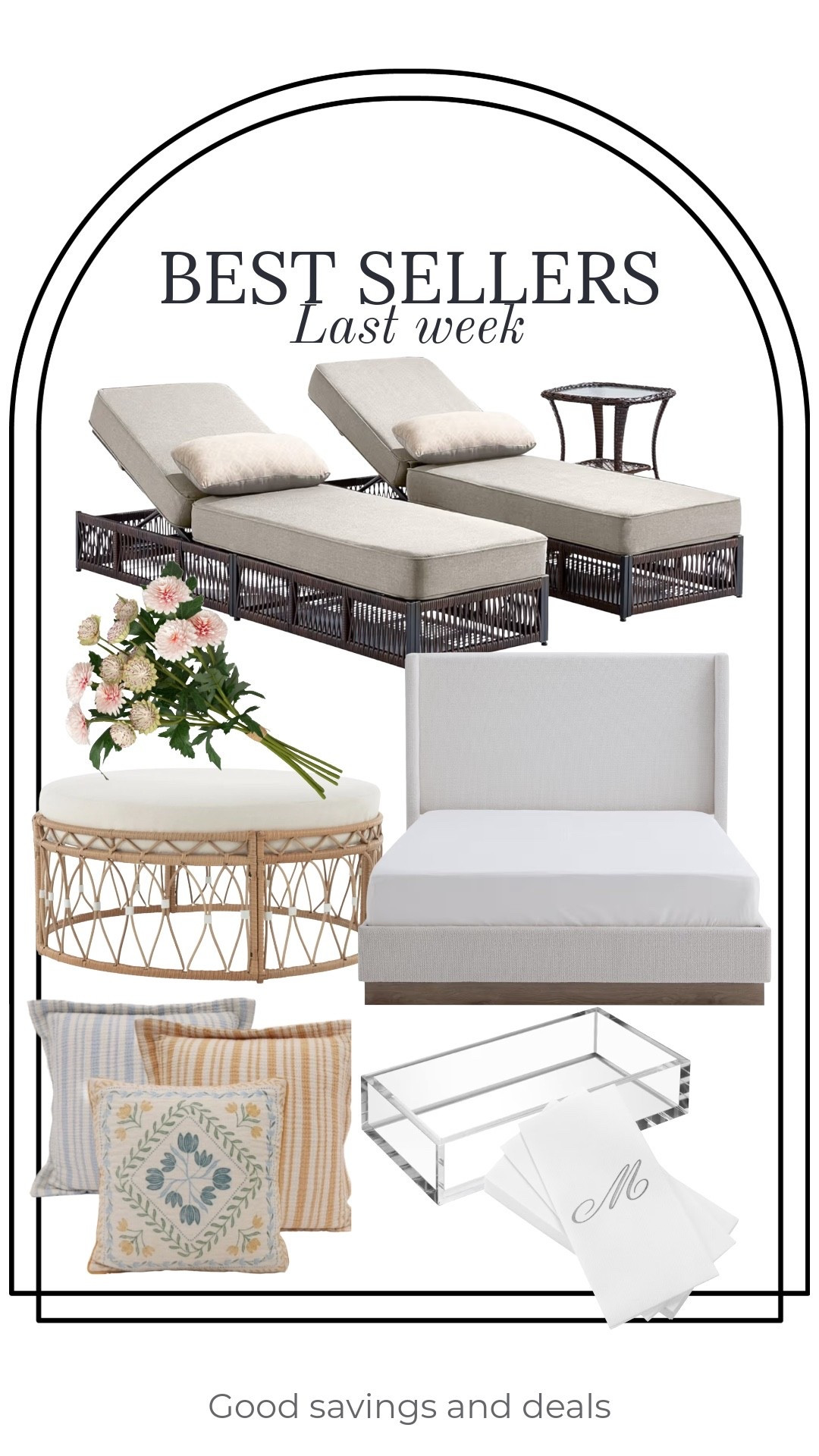 Best sellers last week include chaise lounge chairs, bed frame, outdoor patio furniture, throw pillows.

#LTKHome