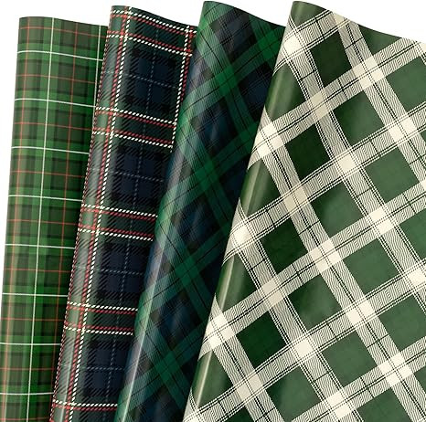 LeZakaa Christmas Green Wrapping Paper, 12 Folded Sheet with 4 Different Tartan Plaid Design for ... | Amazon (US)