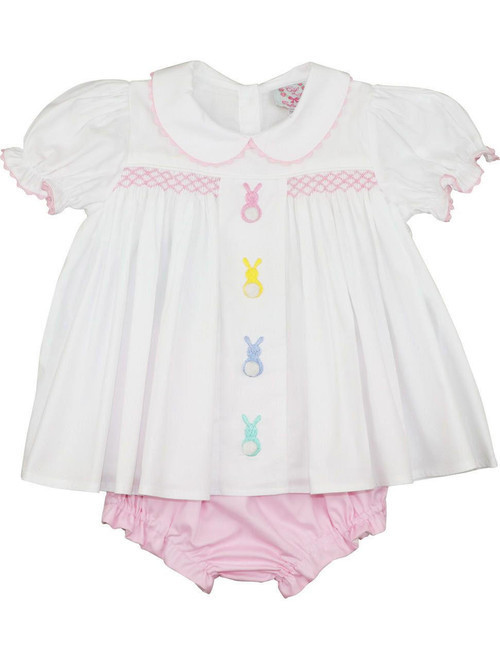 Pink And White Smocked Embroidered Bunny Diaper Set | Cecil and Lou